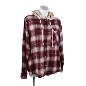 Time and Tru Burgundy & Pink Plaid Flannel Button Up Hoodie Shirt Women's XL
